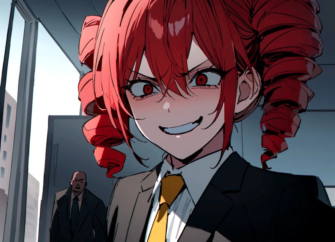 Red hair、Black suit、He hits a dark-haired man in a suit.、Scary smile、office、Daytime
