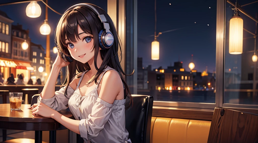 Girl with headphones enjoying music in a cafe I am studying Emphasize a little bit of the chest Looking this way and smiling Night Background