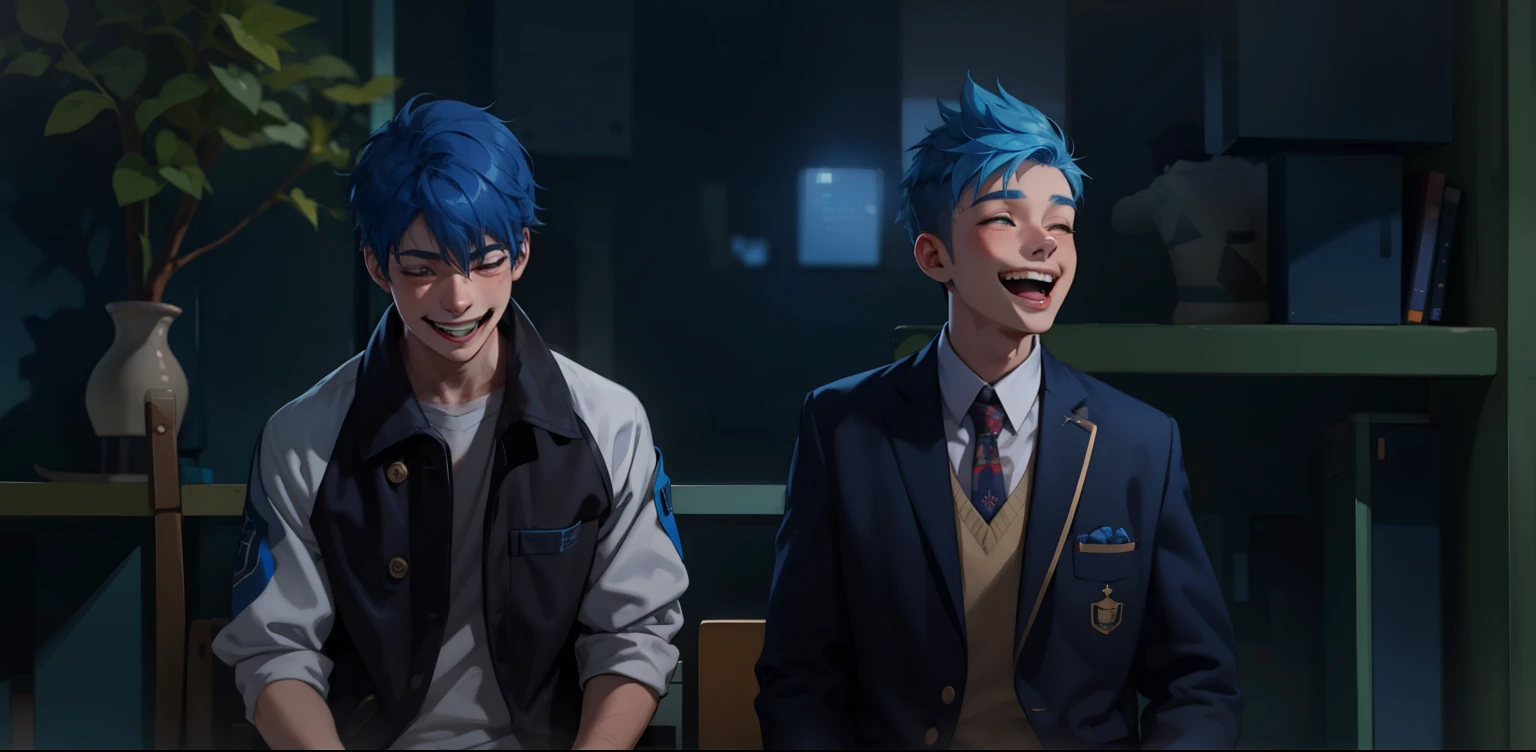 There are two boys with blue hair, they love each other, they smile with joy.