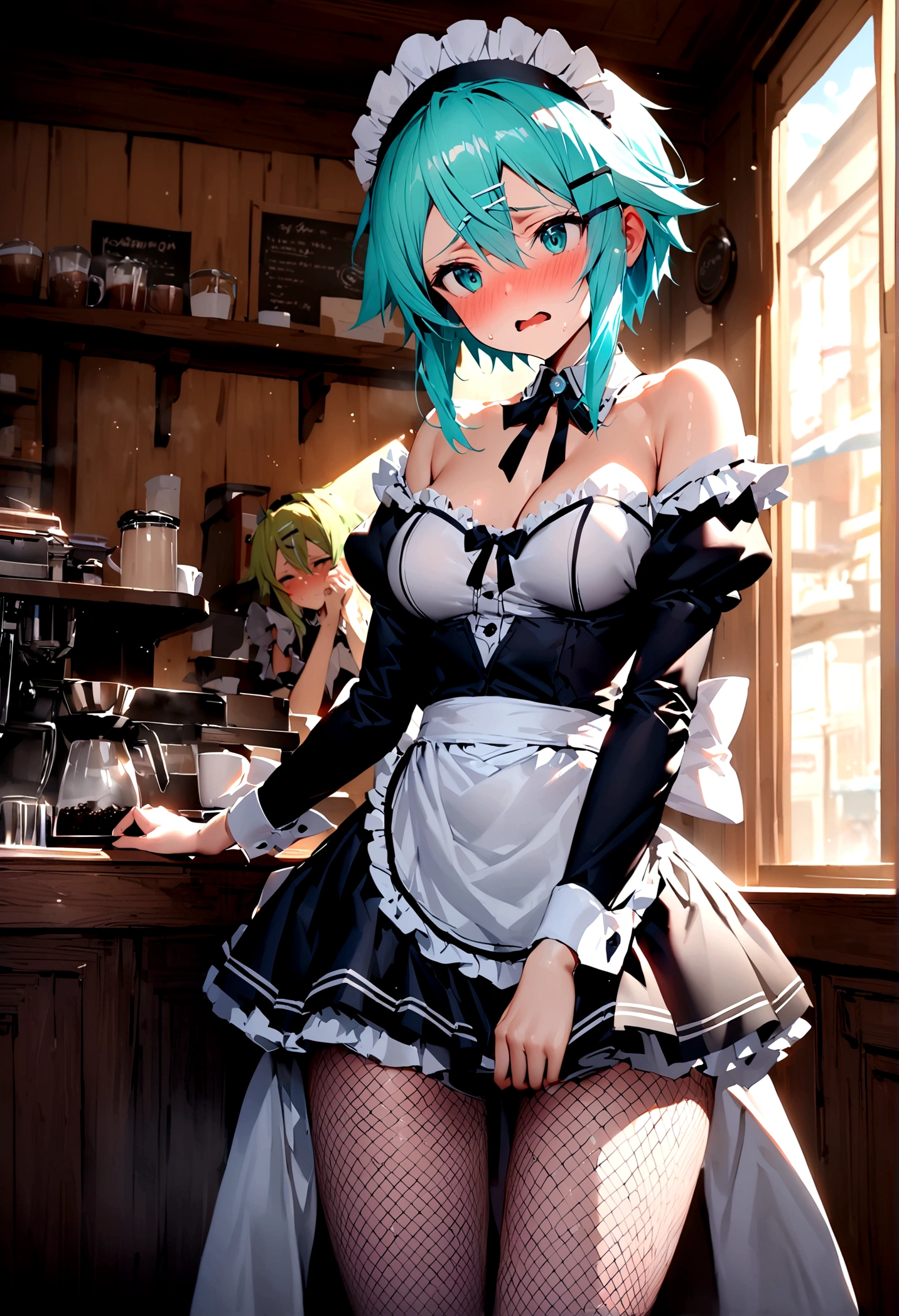 NSFW,masterpiece,Highest quality,High resolution,Super detailed,Sinon\(Sword Art Online\),(Maid clothes),Off the shoulder,cropped,Micro Mini Skirt,Headdress,Fishnet tights, hair ornaments, Hair Clip,Embarrassed,expectant face,Rutting Eyes,sexual excitement,blush,nervous,Coffee shop,old-fashioned room