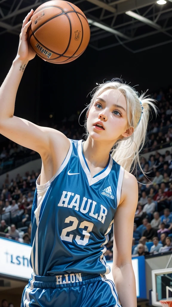 Female teenager with white hair up, blue eyes and white skin doing a dunk in basketball