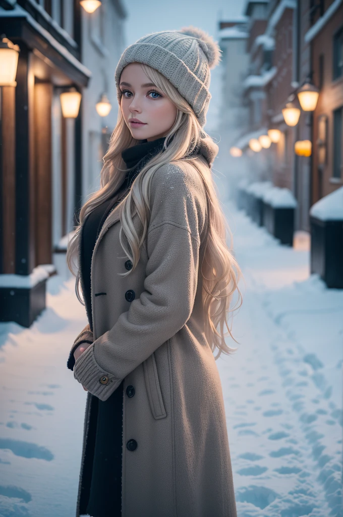 professional photography of a beautiful norwegian girl in winter clothes with long wavy blonde hair, sensual and seductive look, beautiful symmetrical face, beautiful natural makeup, wearing chic warm winter fashion clothing, ((standing outside on the snowy city street)), impressive modern urban environment, ultra realistic, conceptual artwork, chic, highy detailed, intricate, sharp focus, Depth of field, f/1. 8, 85 mm, medium shot, mid shot, (((professional color grading))), soft and bright diffused light, (Volumetric fog), Trends on Instagram, HD 4k, 8K