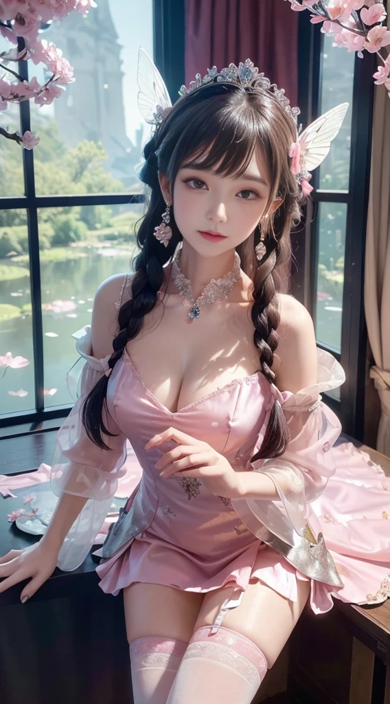 (masterpiece, best quality: 1.4), Detailed background, crystal, crystal Cluster, Long hair, Jewelry, earrings, necklace, crown, bride, hair, Halo, (Overlooking), Dynamic Angle, Extremely detailed, illustration, close up, Direct observation, 1 Girl, (fantasy: 1.4), (Delicate eyes: 1.233), Her eyes shone like dreamy stars, (Glowing eyes: 1.233), (Beautiful and delicate eyes: 1.1), (Silver hair: 1.14), (Messy hair, Very Long hair, French Braid, 两眼之间的hair, Lateral hair), (Flowering: 1.14)), (Chiffon Dress, Evenly spaced pink floral pattern)/= (military uniform: 1.24), (Slit sleeves, Wide sleeves), (Fingerless gloves), Necklace, (miko knee-high socks), high-heel boots, (Poker face, Residence), (permanent), (Classical princess boudoir with dressing table floor-to-ceiling windows quaint palace), (Pink flowers, bloom), (deep sea), (flowing water), (Dark pink world tree:1.14),(ruins),(night:1.2),Dreamy,soul,(Fluorescence),(Flying translucent pink butterfly:1.15),(yubao:0.5)