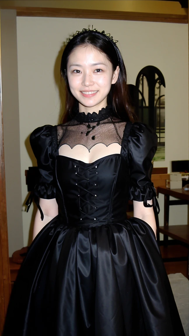 ((Highest quality、8K、masterpiece:1.3))、Realistic, Sharp focus, High resolution, High resolution,Portraiture, One person、Japanese、woman, beautiful woman, (((Gothic dress)))、30 years old, plump, Medium Long Hair,smile