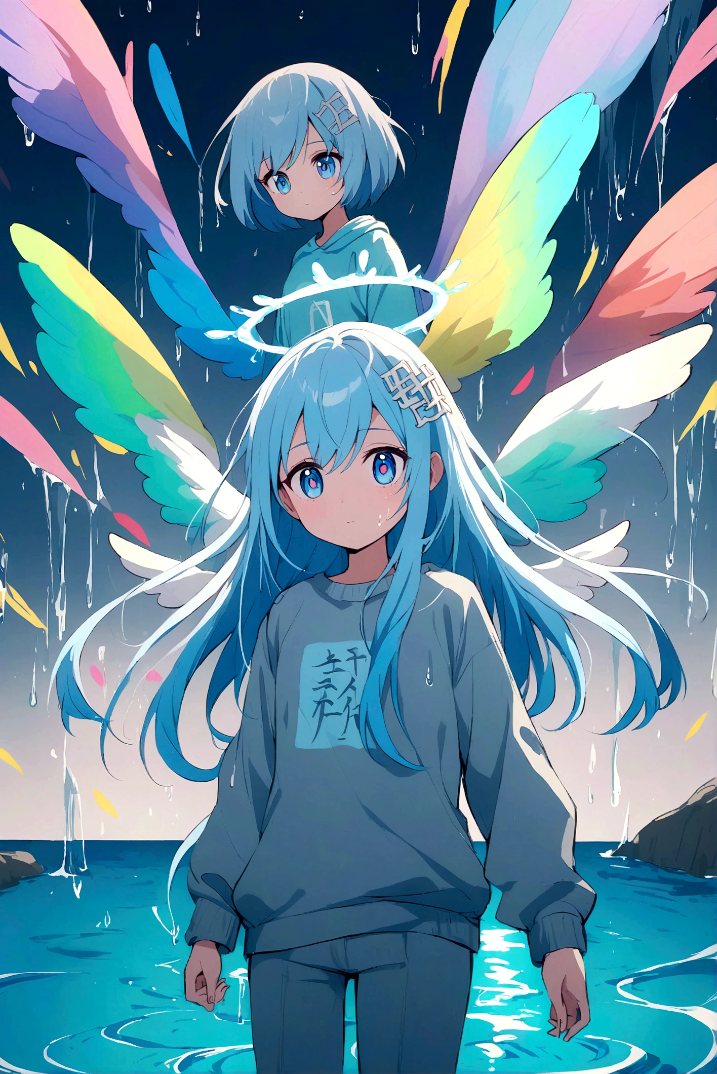 anime girl has blue long hair, her eyes have a drop of water drawn on the pupil, one blue eye and one light blue eye, a sweatshirt with the kanji 水, grey pants, with wings made of water, a blue halo on the head made of water