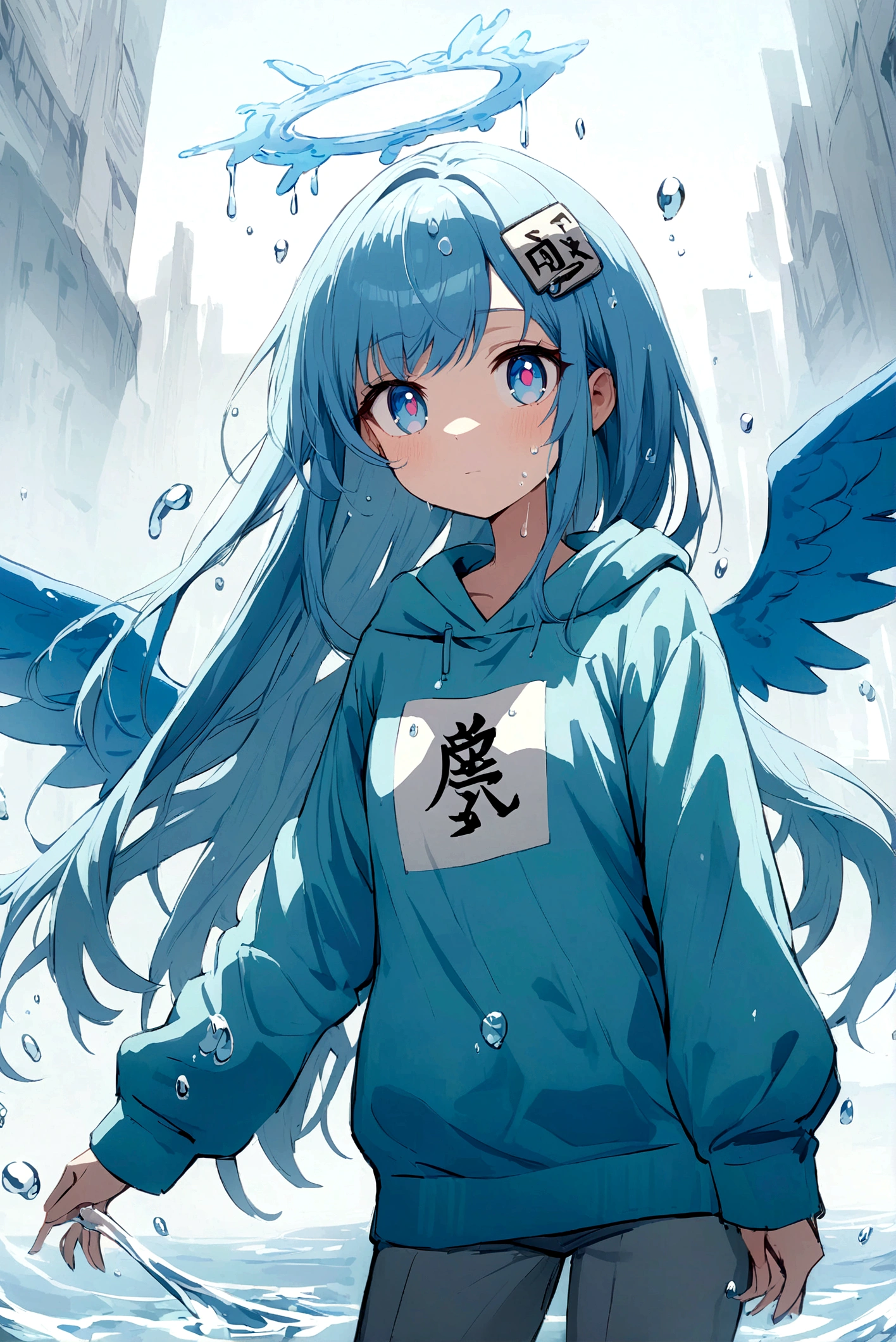 anime girl has blue long hair, her eyes have a drop of water drawn on the pupil, one blue eye and one light blue eye, a sweatshirt with the kanji 水, grey pants, with wings made of water, a blue halo on the head made of water