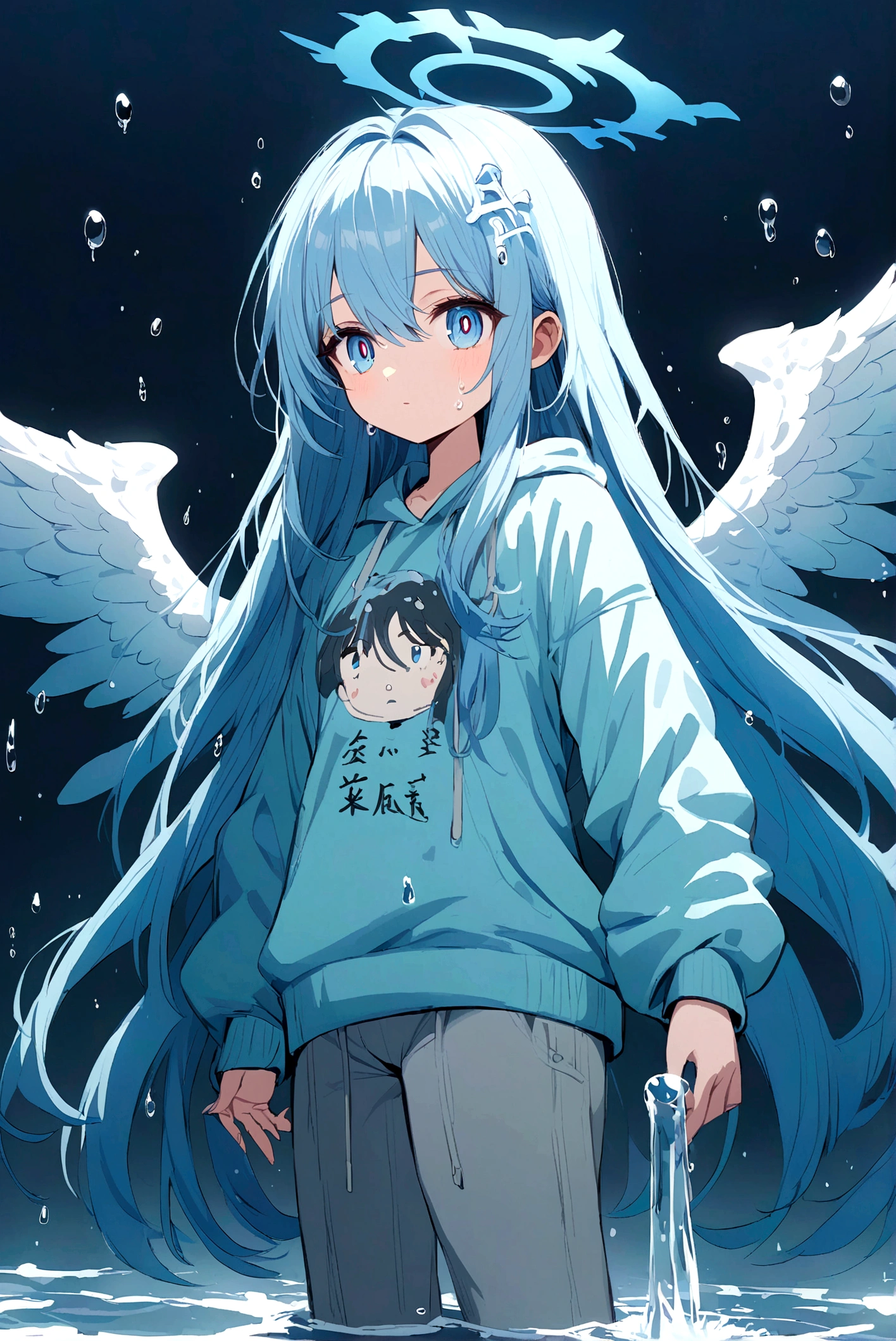 anime girl has blue long hair, her eyes have a drop of water drawn on the pupil, one blue eye and one light blue eye, a sweatshirt with the kanji 水, grey pants, with wings made of water, a blue halo on the head made of water 