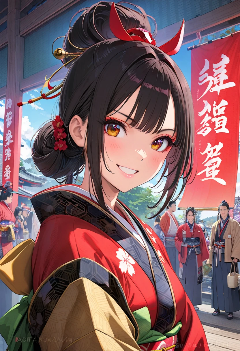 Three Kingdoms Period , Agfa, Kodak, One Girl, Portraiture, Looking_in_audience, smile, Japan,  Octane Rendering, 一人in, rtrophto1,Kimono with red flowers