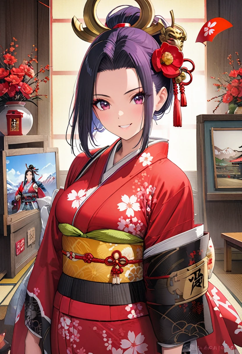 Three Kingdoms Period , Agfa, Kodak, One Girl, Portraiture, Looking_in_audience, smile, Japan, Octane Rendering, 一人in, rtrophto1,Kimono with red flowers