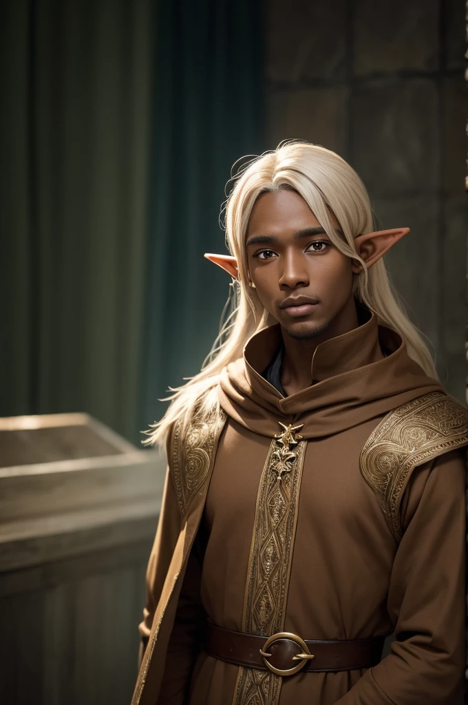 he's an elf, brown skinned, one of his eyes is blind, It's a wizard, he is 28 years old, 1,95 tall, He is very calm and charismatic