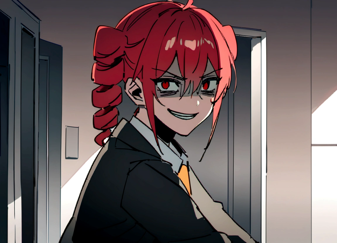 Red hair、Black suit、He hits a dark-haired man in a suit.、Scary smile、office、Daytime