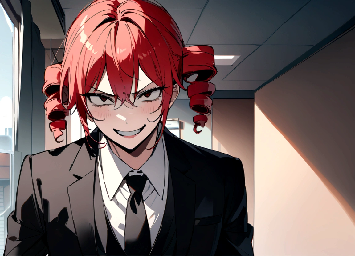 Red hair、Black suit、He hits a dark-haired man in a suit.、Scary smile、office、Daytime