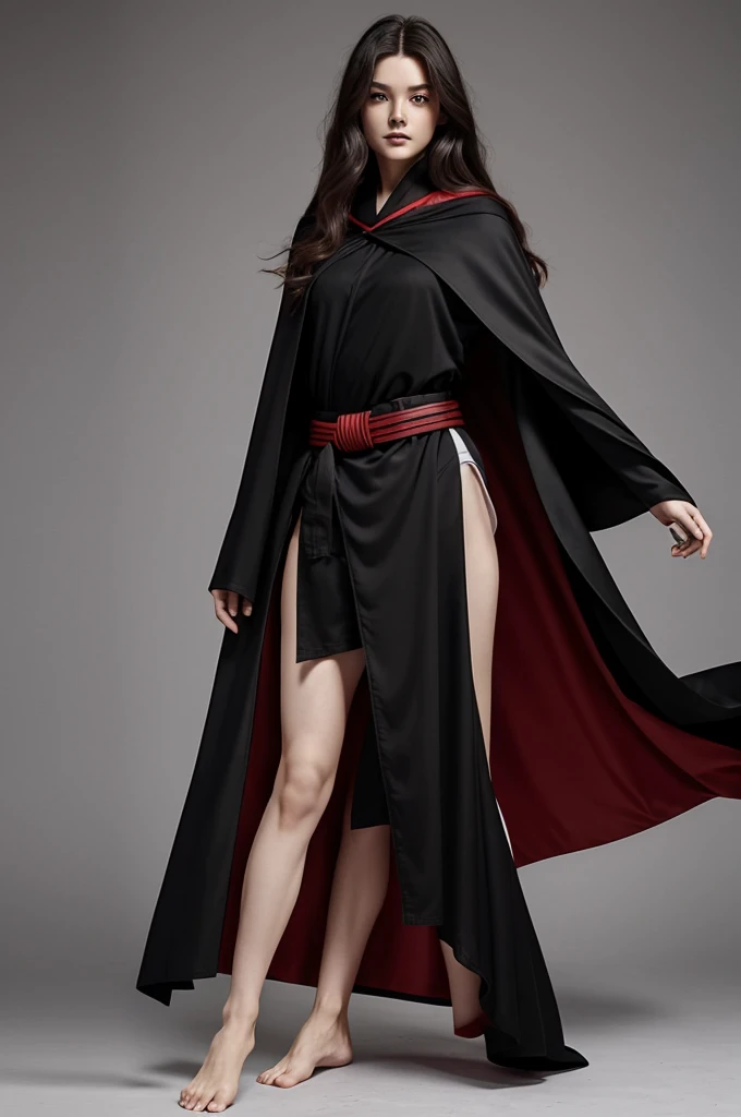 Red eyes,Long hair,Hair color gray。Wearing a black cape with red stripes,Under the cloak is a red suit.,White and white uniform,Bust B+。The lower body is wearing a pair of black shorts with white edges,A brown belt around the waist,Bare legs,barefoot