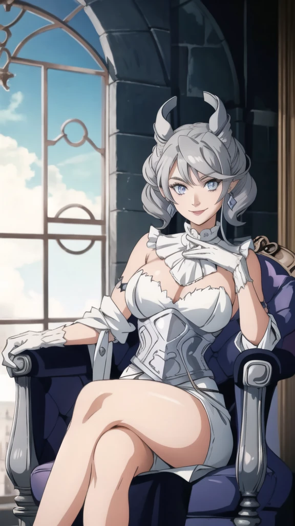  Outside castle top  High level image quality　best image quality　8K　 adult woman   silver castle outside  more colors   whole body view　portrait　   　female hat    ears  earrings　short hair（（shortcut）（gray hair）（perm）（fluffy））　eye color is blue ,  , 　attractive evil face , smile   ,  sexy pose   ,  labrynth ,  barearm , gloves   , wearing white   , sitting on chair , crossed legs, view foot arc   , view side