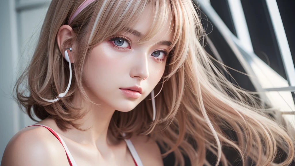 streak curly hair bobcut light glossy pastel hair streaked hair naturalmakeup pale skin headphone anime red eye