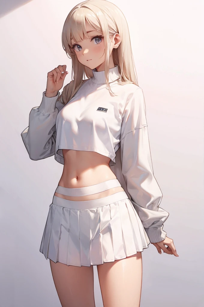 Nipples faintly visible through pure white clothing,Small Bust,mini skirt,White panties