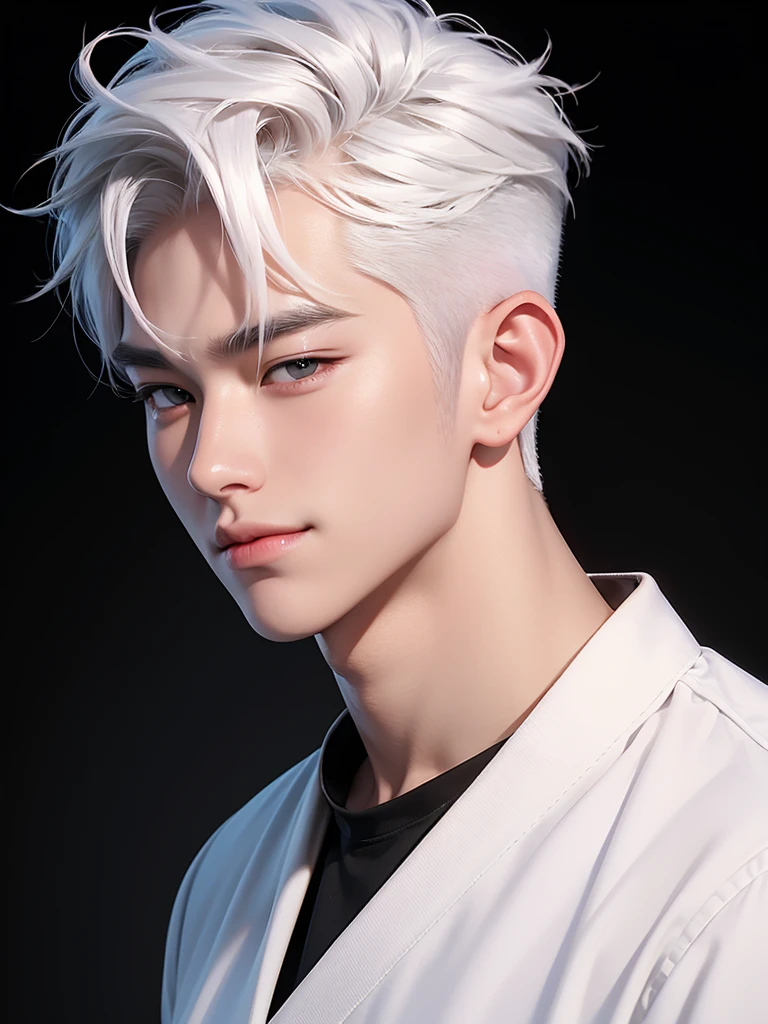 handsome korean boy, white hair, arrogant smile, fair skin, black shirt, black wallpaper, portrait angle, soft face, pink blush, lower angle