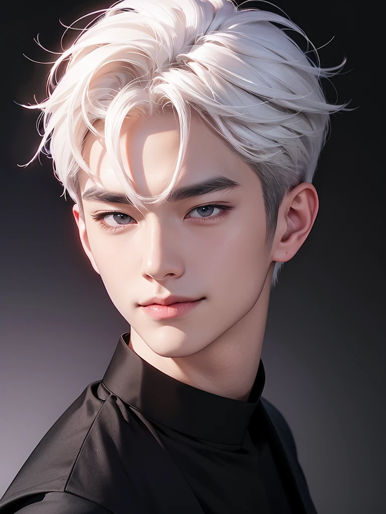 handsome korean boy, white hair, arrogant smile, fair skin, black shirt, black wallpaper, portrait angle, soft face, pink blush, lower angle