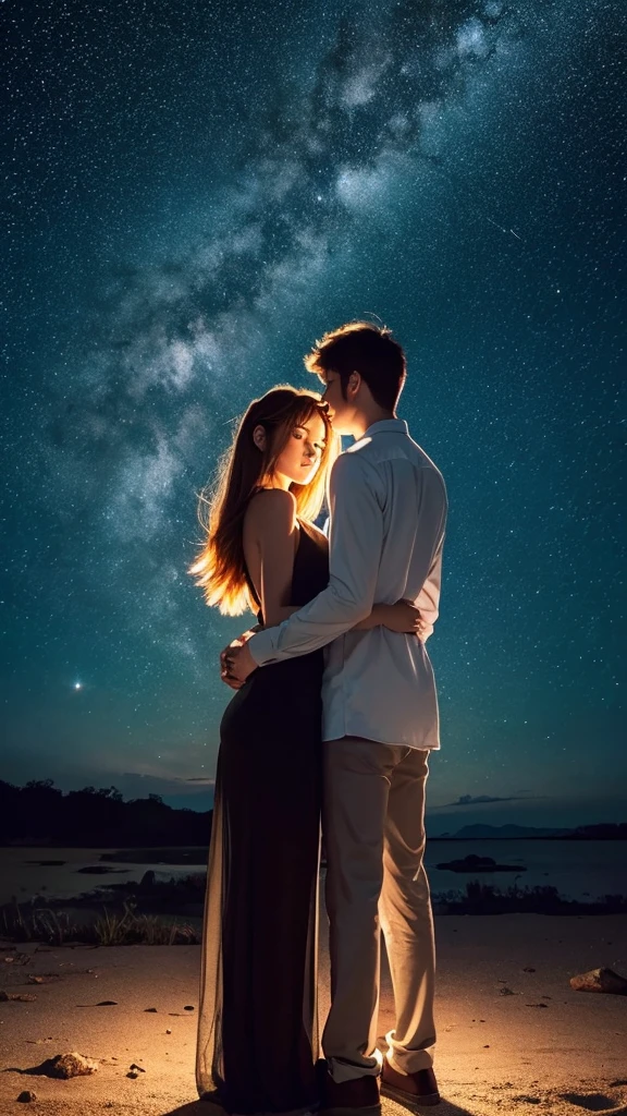 Beautiful starry sky Under the night view The backs of lovers standing side by side An illustration