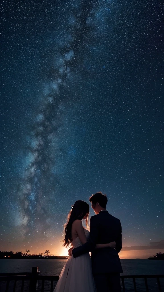 Beautiful starry sky Under the night view The backs of lovers standing side by side An illustration