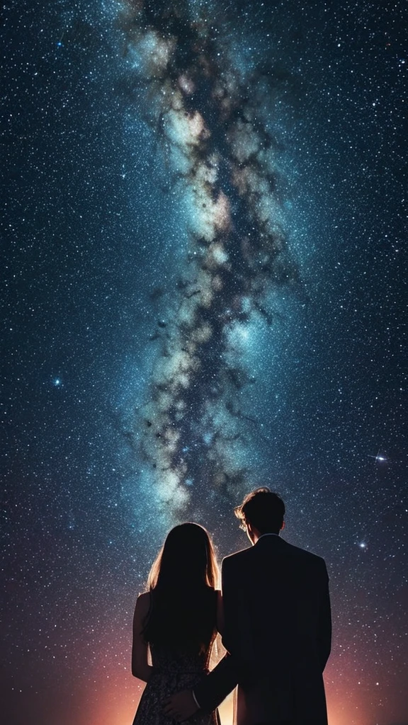 Beautiful starry sky　Under the night view　The backs of lovers standing side by side　An illustration