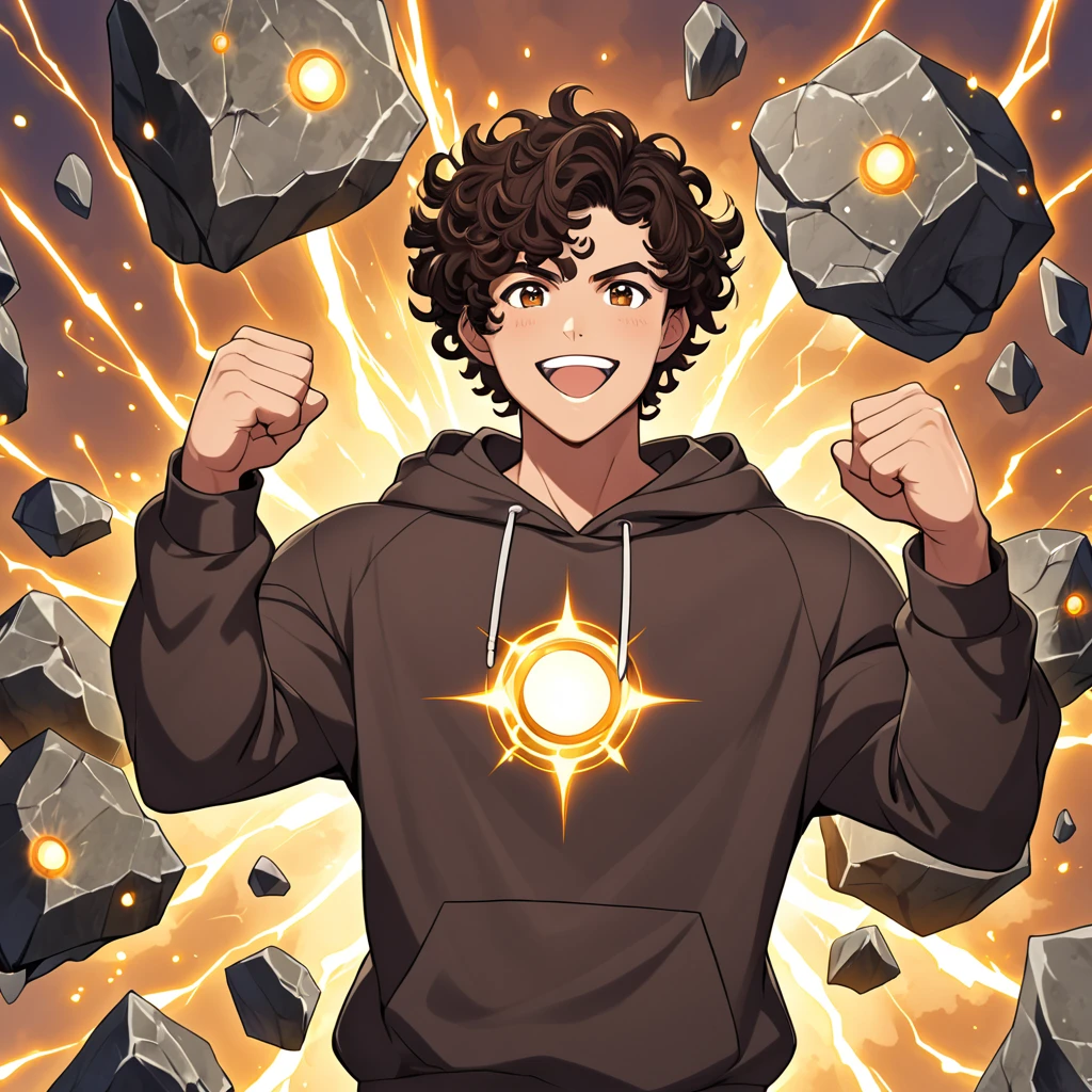 Teenage muscular dark brunette man, short brown curly hair, eyes browns, stone elemental power, sweatshirt, happy