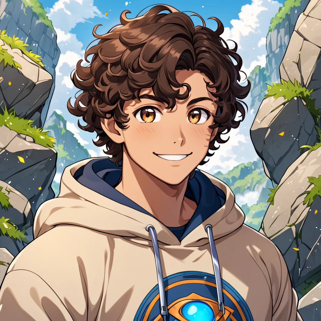 Teenage muscular dark brunette man, short brown curly hair, eyes browns, stone elemental power, sweatshirt, happy