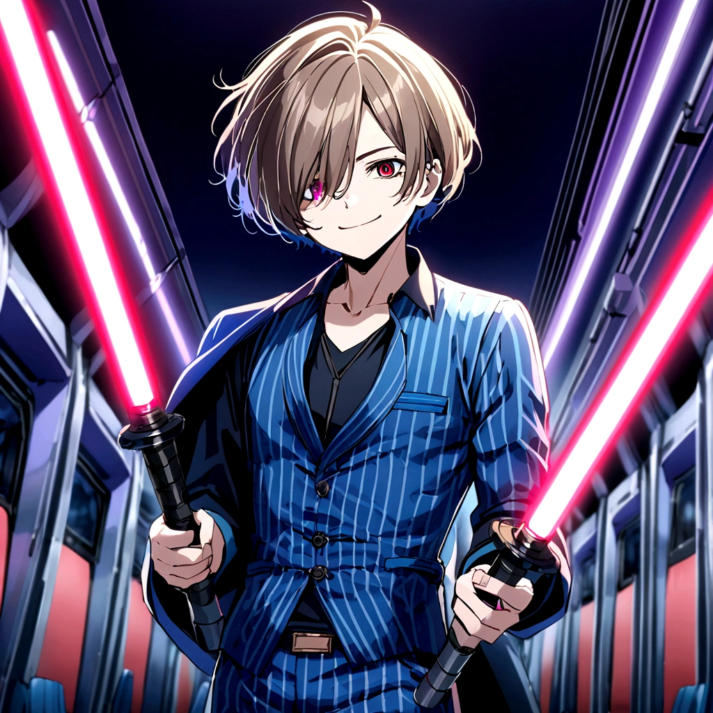 Kyoutarou Ichikawa, Red eyes, smile evil, black jacket, black t-shirt with red details, gray sports pants, sneakers, lightsaber de color rojo, lightsaber (star wars), black background, red light reflection, close view 