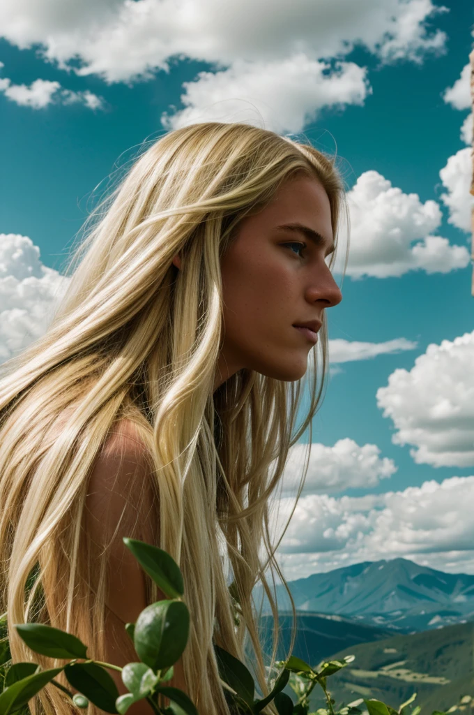 Blonde white guy with long hair sniffing a green cloud 