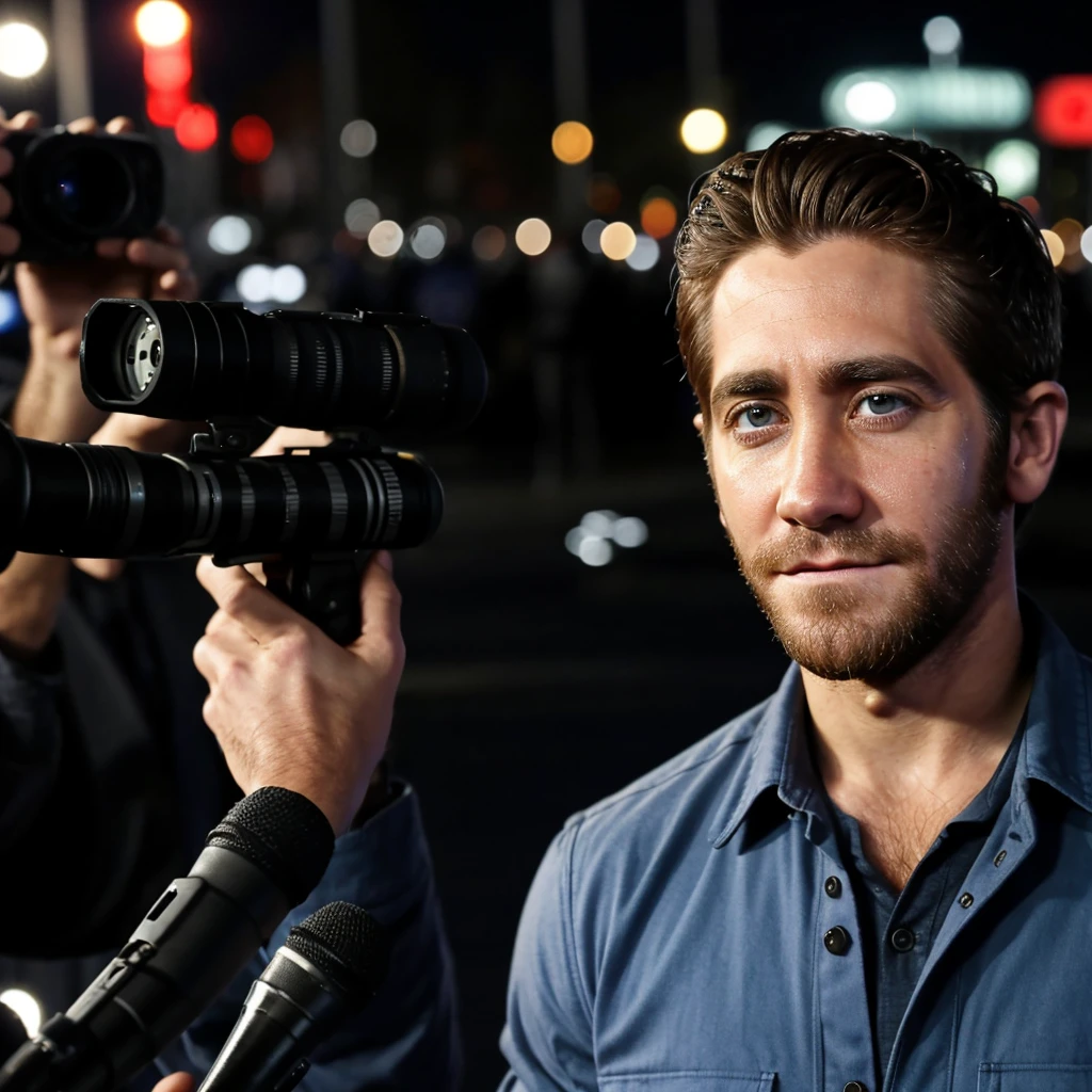 Jake Gyllenhaal as a reporter recording at night 