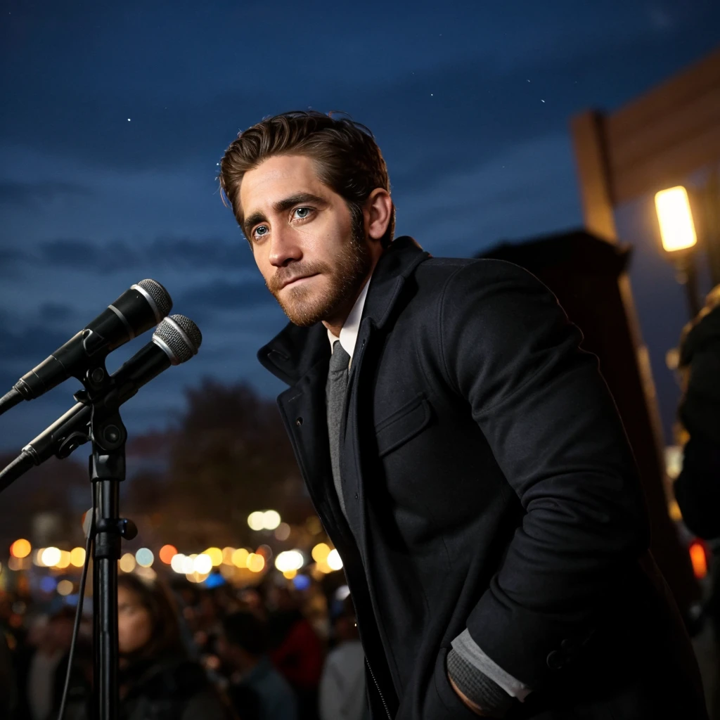 Jake Gyllenhaal as a reporter recording at night