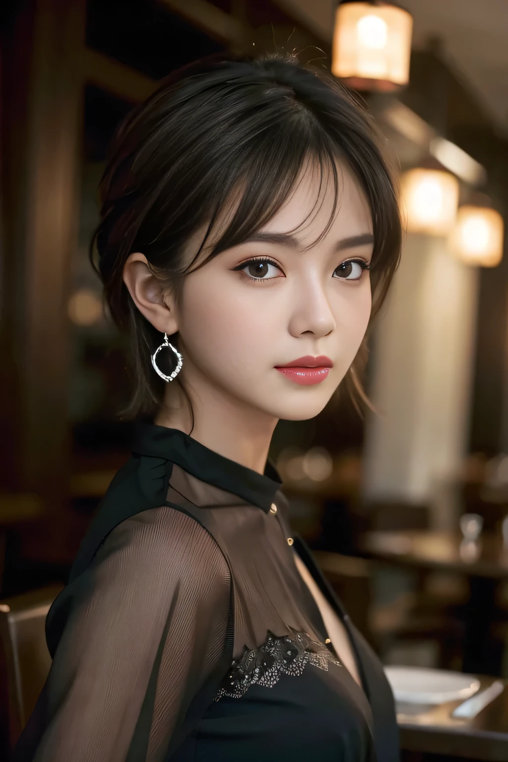 masterpiece, Highest quality, Realistic, Very detailed, Finer details, High resolution, 8k wallpaper, One beautiful woman, Wear a black see-through shirt, In a great restaurant, At night, Light brown unkempt short hair, Perfect dynamic composition, Beautiful and beautiful eyes、Big earrings