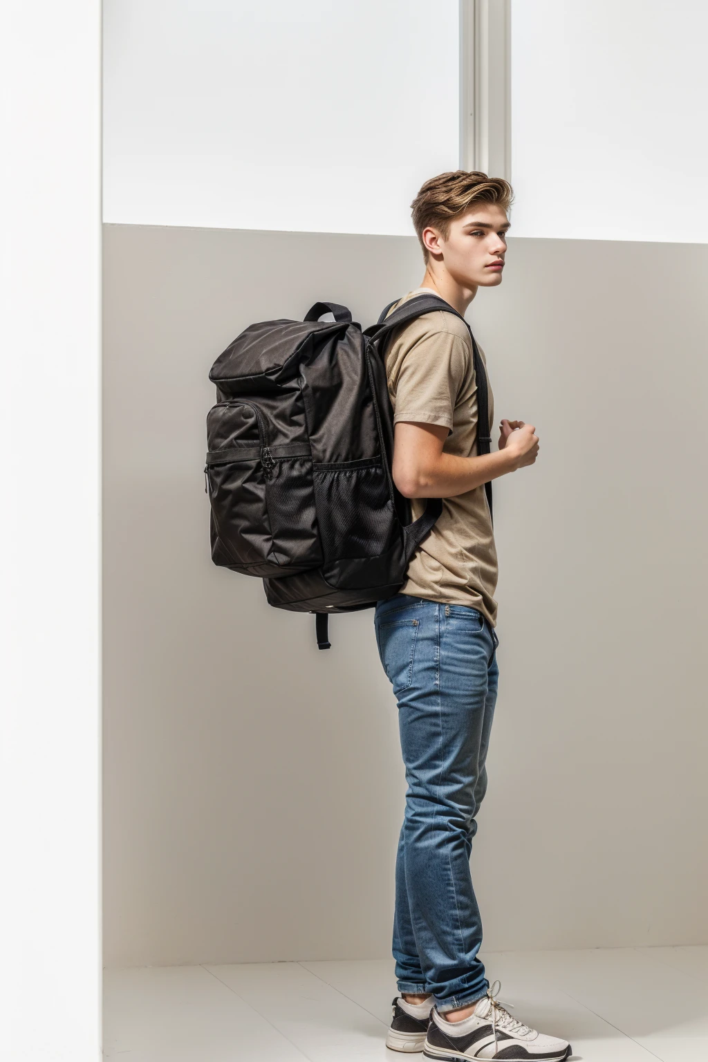 An 18-year-old,Swedish man,Young man full of masculinity,Muscular man side profile,whole body,(Light gray top:1.37),(jeans:1.37),Black sneakers,Golden brown hair , Light brown eyes, masculinity,A Swedish man carrying a backpack stands there,Carrying a backpack, Full length view, Carrying a big bag, Full Height View, Distant whole body view, whole body wide angle lens, (Studio white background:1.37)