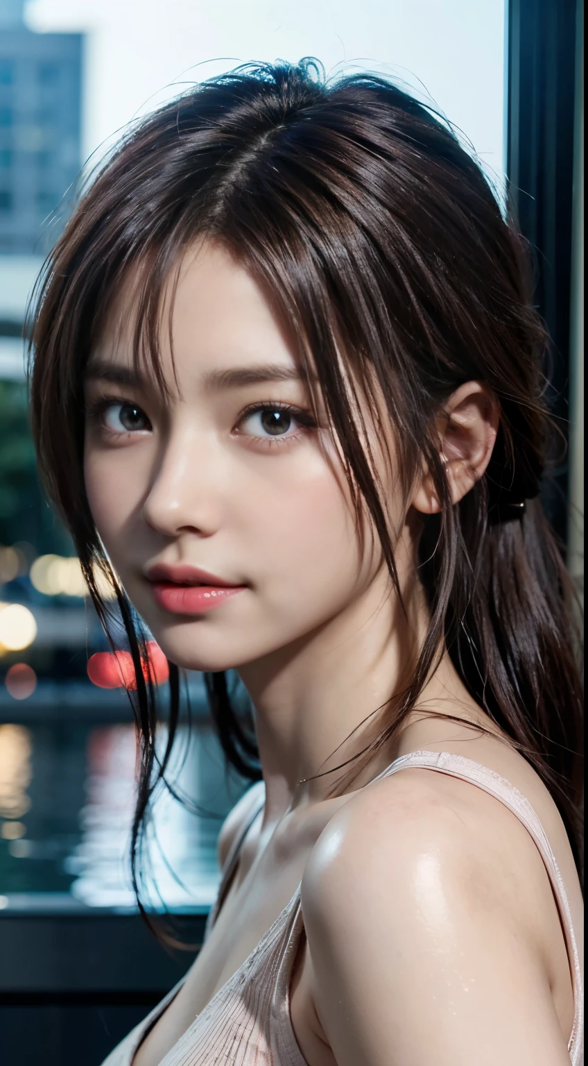 (logo, masterpiece, 8K, Tabletop, RAW Photos, wonderful, 最high quality, Photorealistic and very detailed CG composite 8k wallpaper, high quality, Very detailed, Narrative poem, Particle Effects, Dynamic Effects, Depth of the Boundary, Cinematic Light, Lens flare, Ray Tracing), short hair beautiful young woman, Hair tied back, high detail skin, very fine, fine skin texture, beautiful face, realistic eyes, beautifully detailed eyes, realistic skin, beautiful skin, surreal, smiling eyes, Hair and light eyes, Vibrant, Colorful lights and bokeh. The lighting casts a warm glow on her face and hair, Blue glow, Water surface reflection, Creates a dreamy and magical atmosphere, Big Breasts, Brown Hair, short hair, plump lower lip, pink blush on the cheeks , pink lips, brown tight no-shoulder knit sweater
