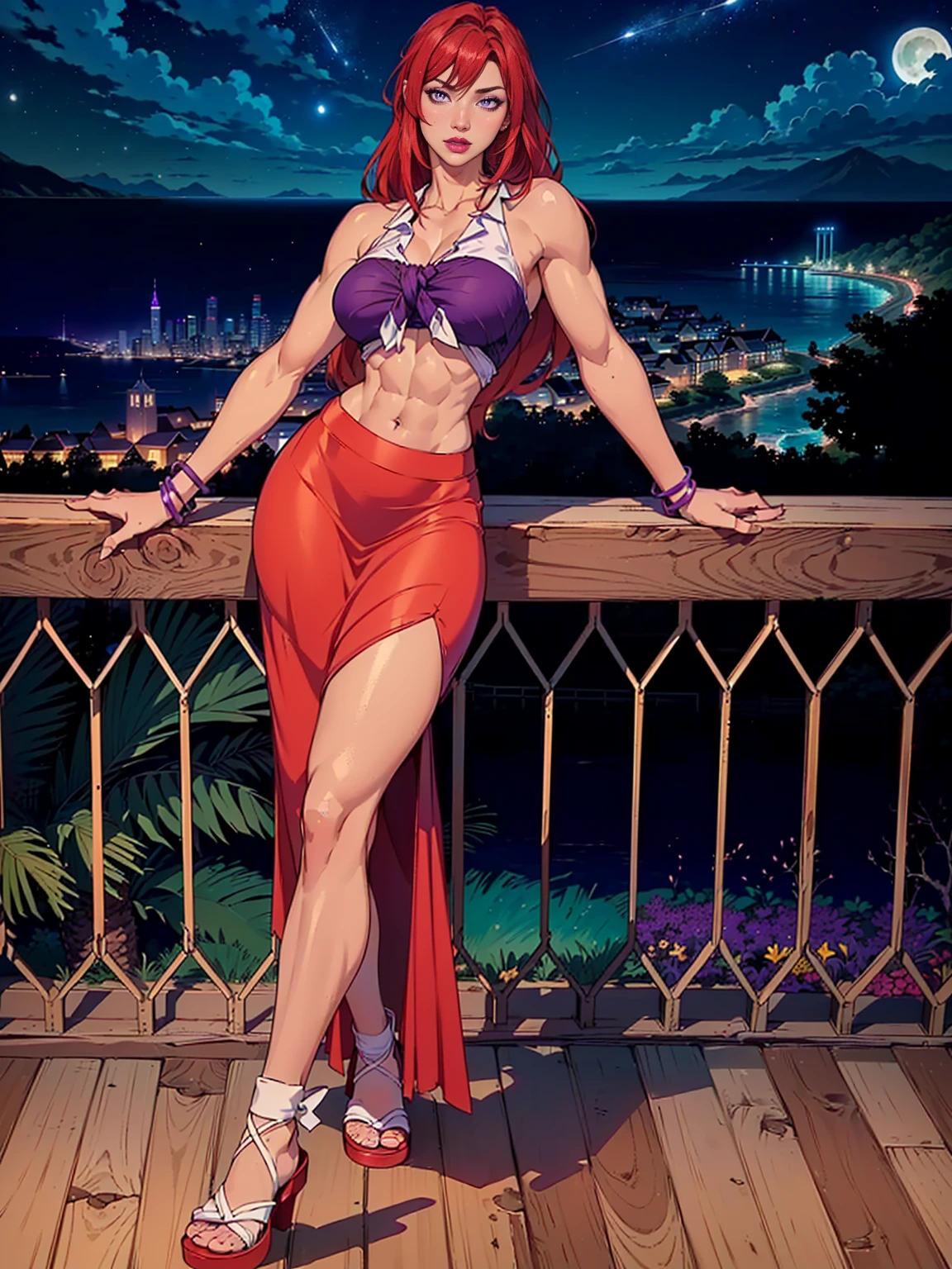 ((solo, 1woman, (TakashiroHiroko, dark purple eyes, red hair, long hair), lipstick, Extremely detailed, ambient soft lighting, 4k, perfect eyes, a perfect face, perfect lighting, a 1girl)), ((solo, (1woman, lipstick), Extremely detailed, ambient soft lighting, 4k, perfect eyes, a perfect face, perfect lighting, a 1girl)), , ((fitness,, shapely body, athletic body, toned body)), ((red skirt, long skirt, purple blouse, white sandals, coastline, gazebo, night, city at night, lights, ocean, clouds, stars, full moon, milky way, shooting star))