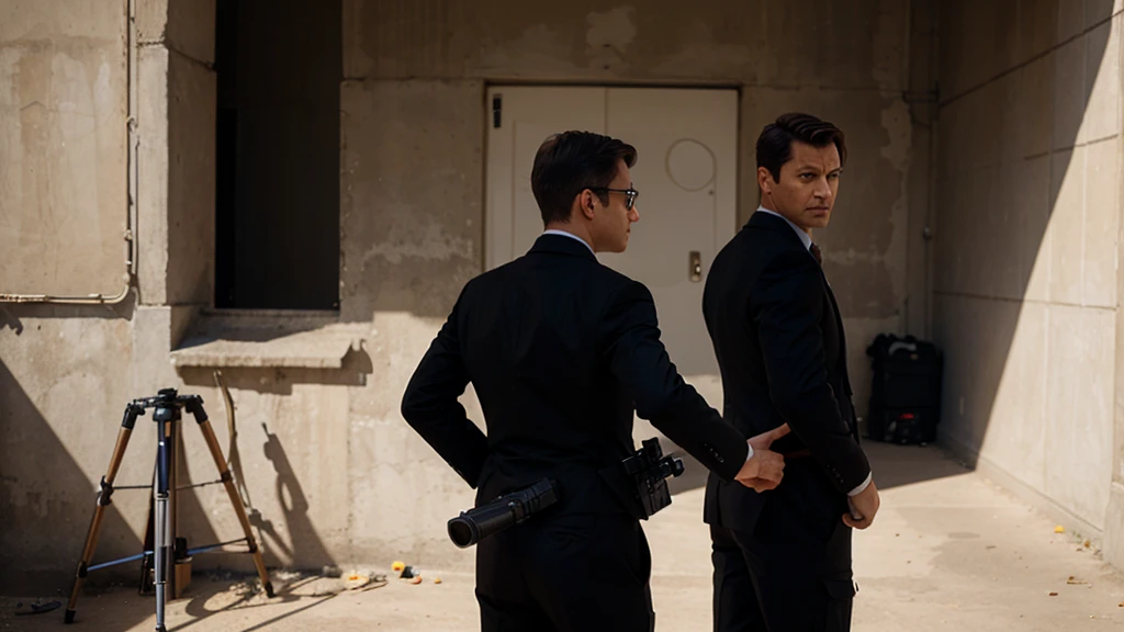 secret agent in suit in shooting position and looking back while pointing his gun in front
