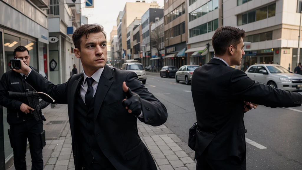 secret agent in suit in shooting position and looking back while pointing his gun in front
