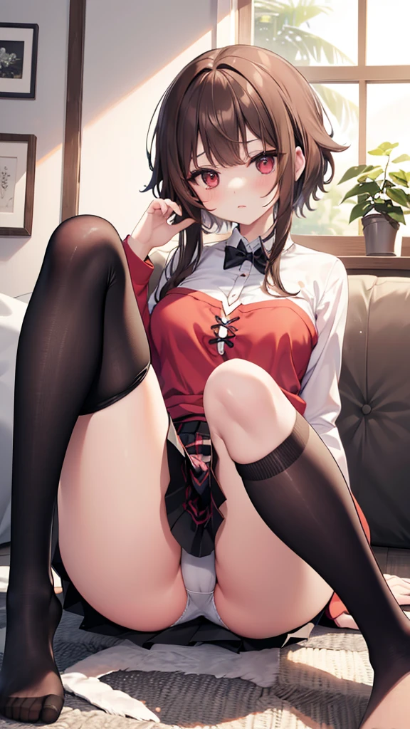 Highest quality, masterpiece, High resolution, (Head to Toe full body), front, frontやや下からの構図, Symmetric, Tall 18 year old girl, alone, (Head to Toe), (Small breasts), disheveled brown hair, bangs, (black tights), (Black Pantyhose), (Sit with your legs apart), (Crouching pose), (Composition showing white panties), (She has her legs spread and her white panties are visible.), (Sit on the floor with your legs spread), (M-shaped foot), Thin legs, とても美しくTall 18 year old girl, (No shoes), blush, Shy big eyes, Looking into the camera, Blazer uniform, Checkered Pleated Skirt、Megumin
