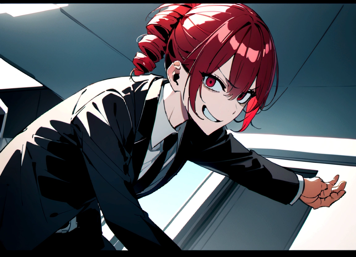 Red hair、Black suit、He hits a dark-haired man in a suit.、Scary smile、office、Daytime