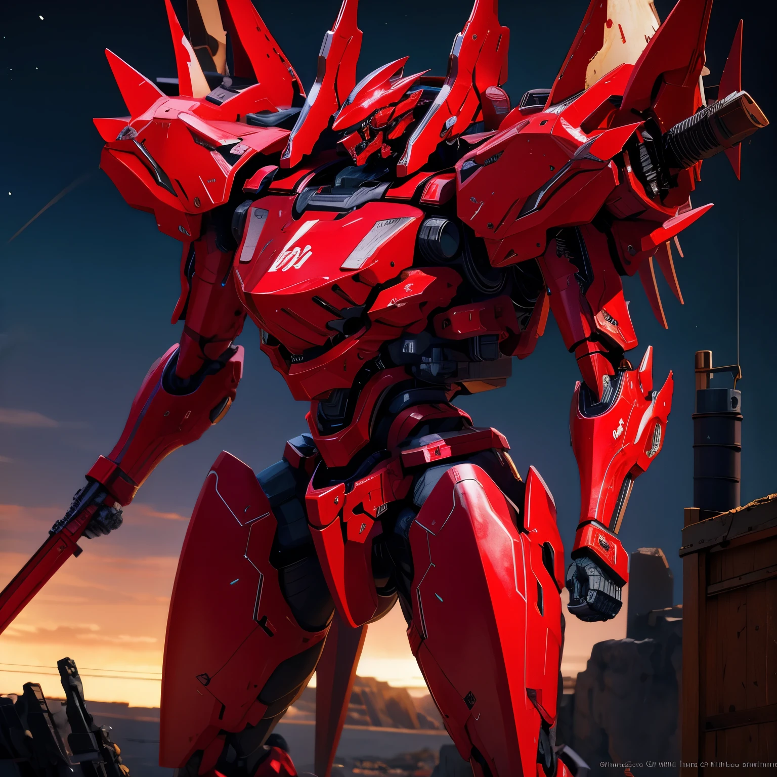 The blood-red armored core with beige accents. With structure made of animal bones, vivid red eyes, fit the tribal appearance and average body. He carried with him a spear made of bones with red details.. extremely detaild, intricate, 8K, HDR, cinematic lighting, naturallight, cinematic lighting, masterpiece-anatomy-perfect, ultra HD, Space Combat, Space.