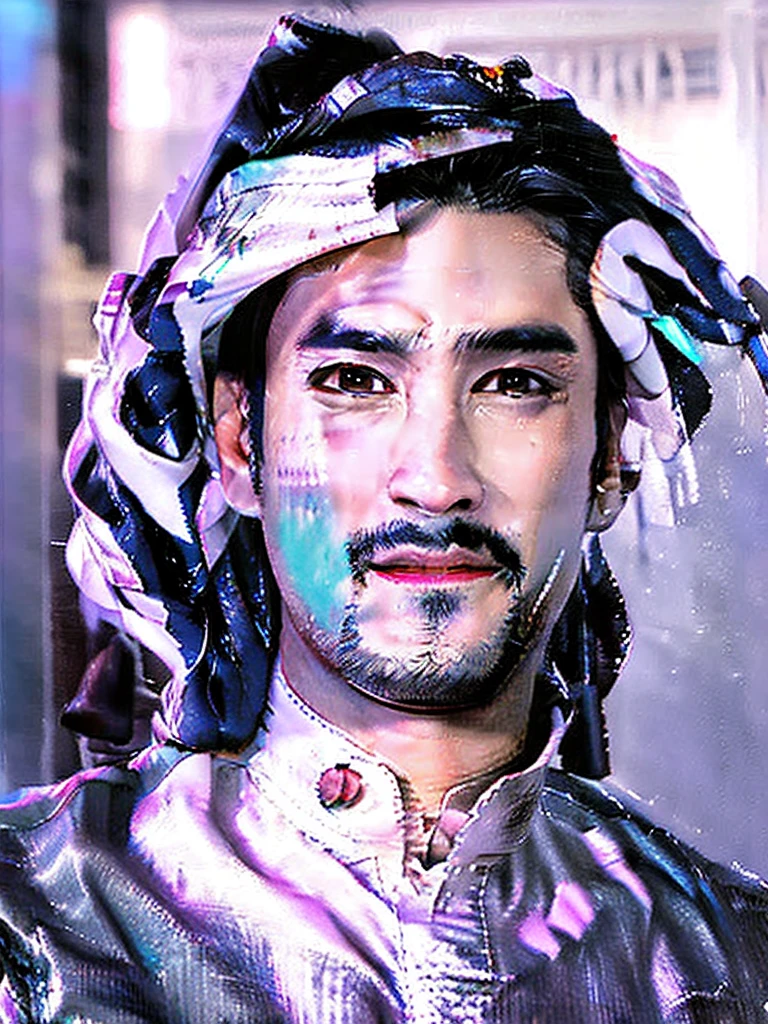 an asian man with clear face, Nadech face, wearing an off-white traditional arabian clothing, thawb, white cloak with full sleeve, standing in an abstract neon background, looking up at the sky with a solemn expression, detailed face, beautiful detailed eyes, beautiful detailed lips, extremely detailed facial features, long eyelashes, photorealistic, 8k, high quality, dramatic lighting, cinematic, vibrant neon colors, surreal, hyper detailed