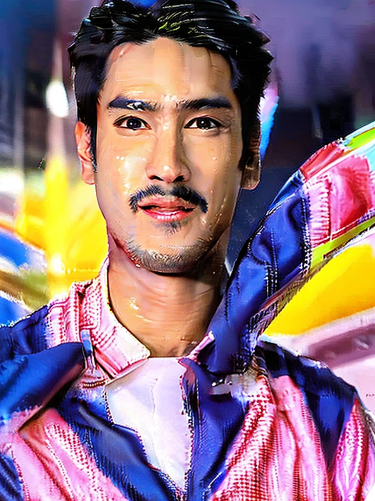 an asian man with clear face, Nadech face, wearing an off-white traditional arabian clothing, thawb, white cloak with full sleeve, standing in an abstract neon background, looking up at the sky with a solemn expression, detailed face, beautiful detailed eyes, beautiful detailed lips, extremely detailed facial features, long eyelashes, photorealistic, 8k, high quality, dramatic lighting, cinematic, vibrant neon colors, surreal, hyper detailed