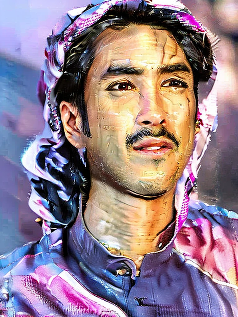 an asian man with clear face, Nadech face, wearing an off-white traditional arabian clothing, thawb, white cloak with full sleeve, standing in an abstract neon background, looking up at the sky with a solemn expression, detailed face, beautiful detailed eyes, beautiful detailed lips, extremely detailed facial features, long eyelashes, photorealistic, 8k, high quality, dramatic lighting, cinematic, vibrant neon colors, surreal, hyper detailed