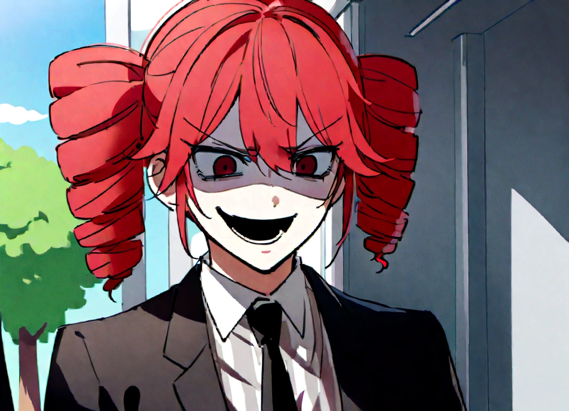 Red hair、Black suit、Grab the black-haired man in a suit by the collar、Scary smile、office、Daytime