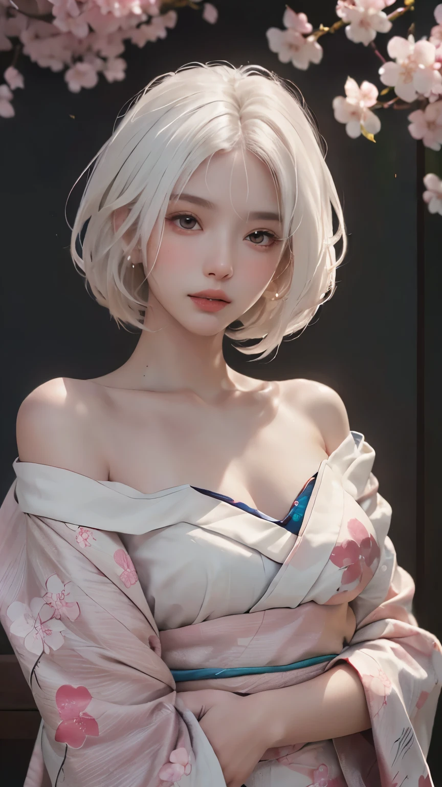 ((Hairstyled white hair:1.5))(Japan kimono with cherry blossom pattern:1.3), Symmetric, (highest quality, Photorealistic:1.4, Raw photo:1.2, Cinematic light, Highly detailed illustration), (1woman:1.3, alone), (Asian Girl, Very delicate face, Super beautiful face, Very delicate eyes, Ultra detailed nose, Very sophisticated mouth, Highly detailed facial features), woman, (Medium Bust:1.3), skin, Lip gloss, Laughter, Full Body View, High resolution, High resolution, 32k, Masterpiece 2:1, Skin Radiance, Glowing Skin, Young girl, Falling cherry blossoms、off shoulder, shoulder blades、kimono,