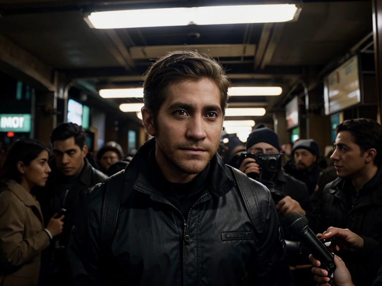 Jake Gyllenhaal as a reporter filming in a nighttime setting