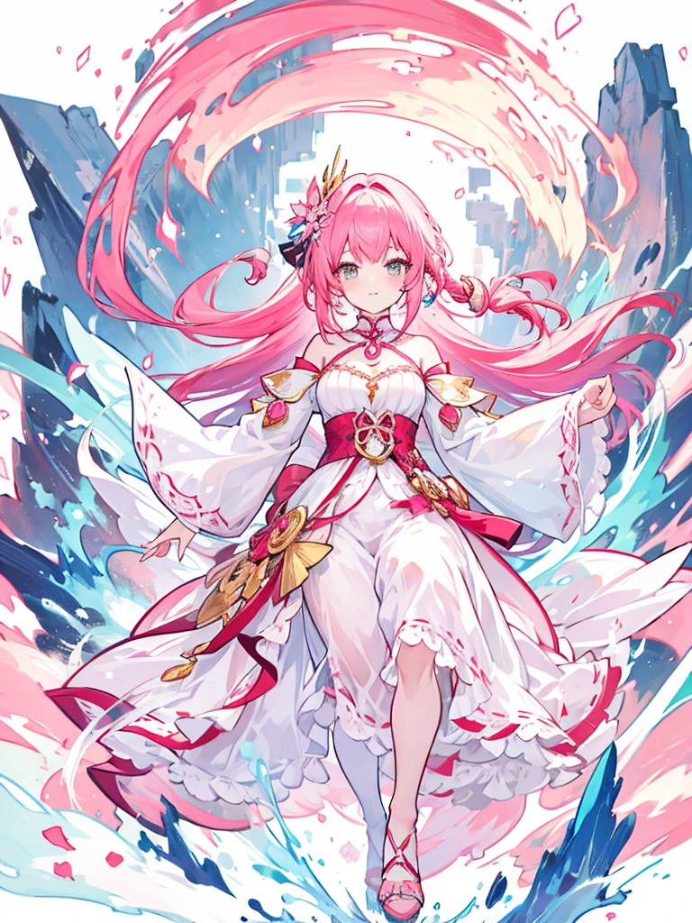 fantasy world girl with colorful hair, accessories, detailed clothes, pink hair, white and red clothes