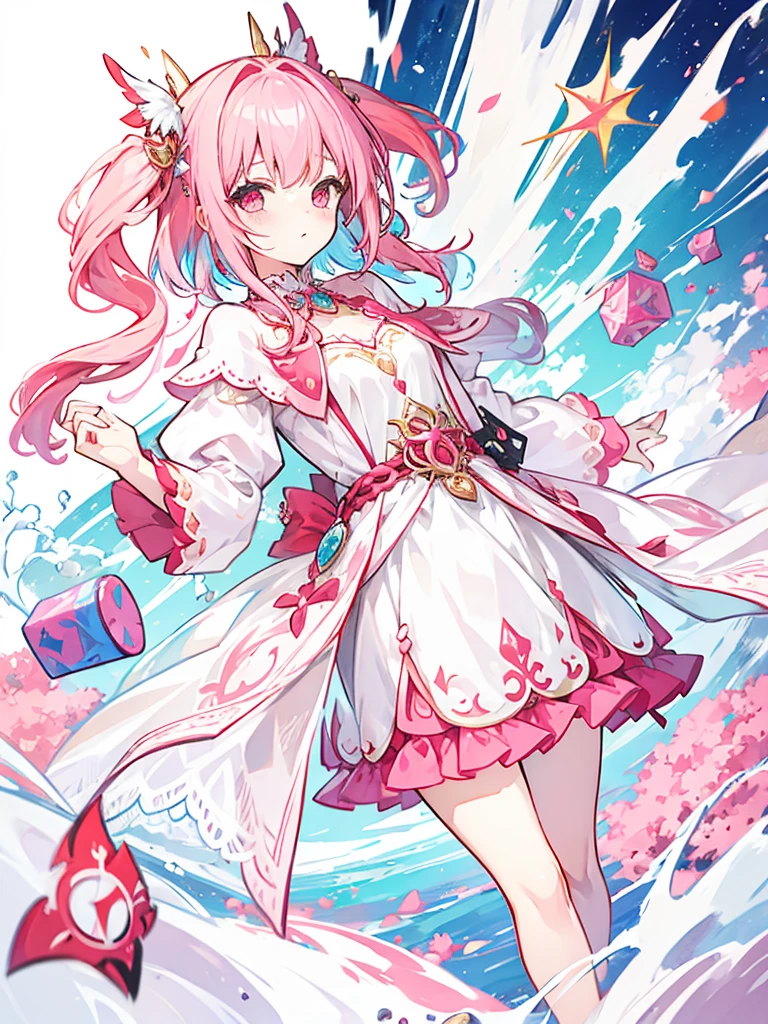 fantasy world girl with colorful hair, accessories, detailed clothes, pink hair, white and red clothes