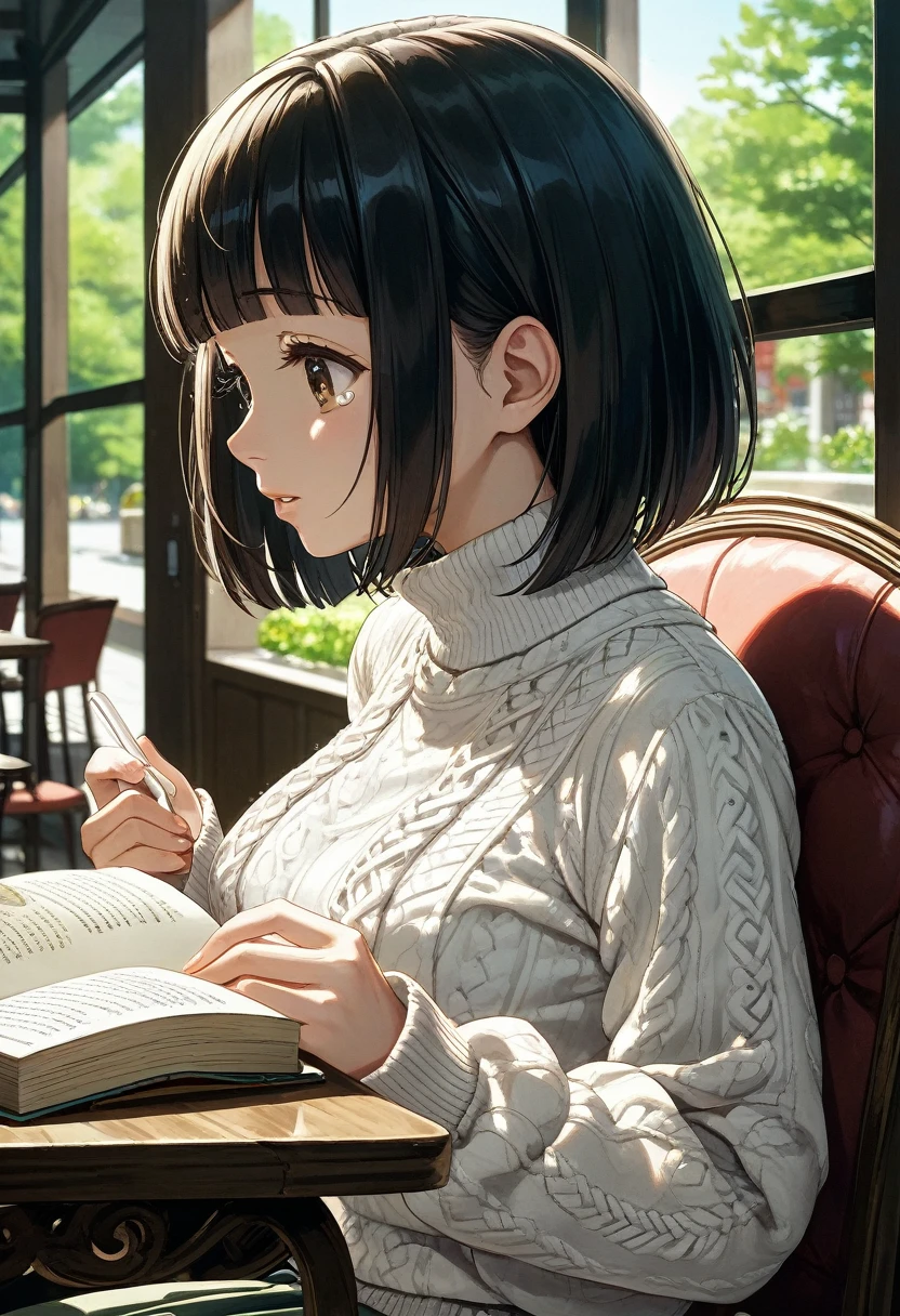 score_9,score_8_up,score_7_up,masterpiece,best quality, source anime, anime, super detailed, extreme detailed, rating_safe,
1girl, solo, sitting on chair, reading book, upper body, from side,
BREAK girl, 22yo, short hair, bob cut, (blunt bangs), black hair, (tareme, detailed cute brown eyes), curled eyelashes, (large breasts:0.9),
shiny hair, beautiful detailed eyes, beautiful face,
white knitted sweater,
(sad:0.8), tears, parted lips,
cafe, warm light,