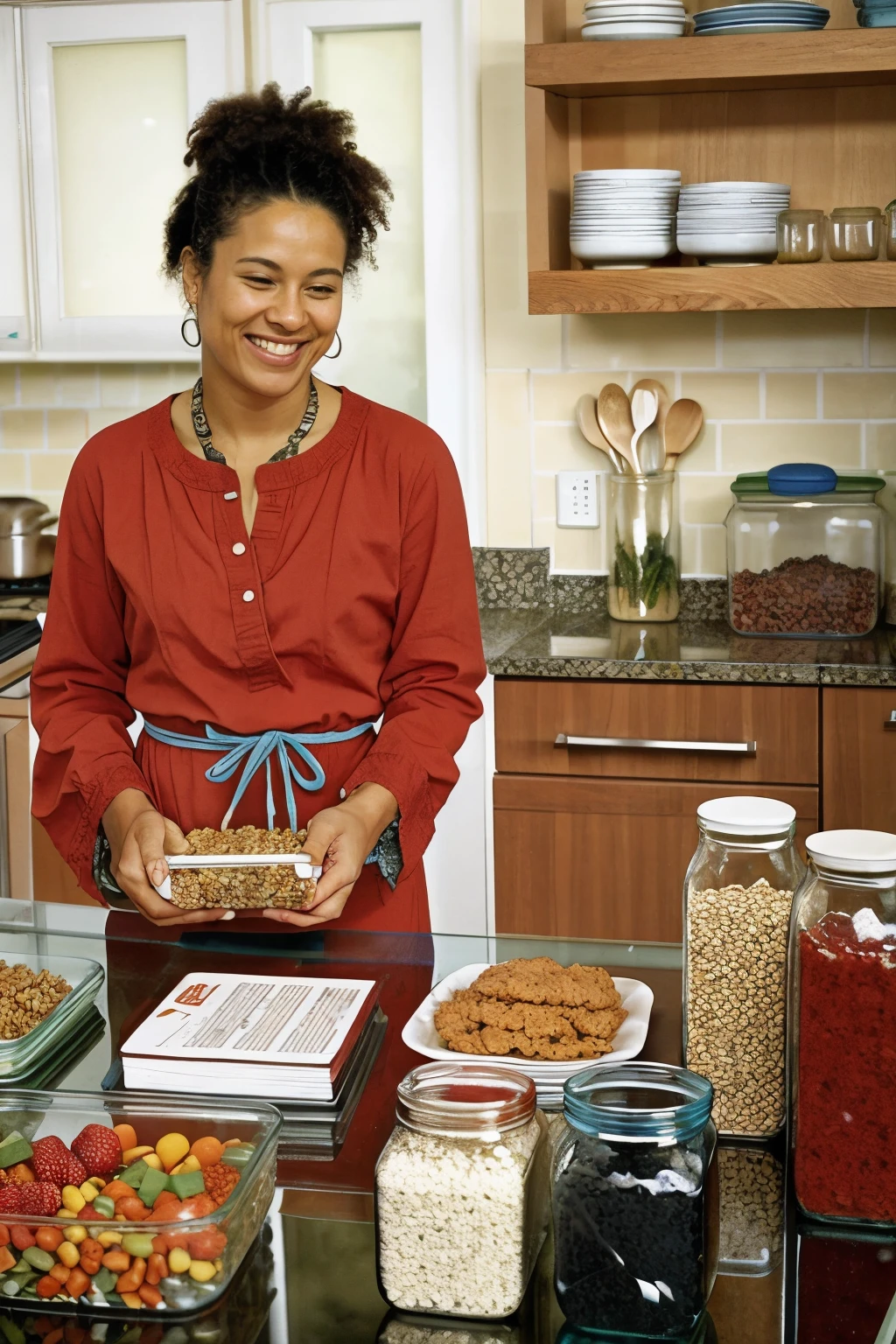 An image showing a person in a modern kitchen, arranging glass containers with healthy meals on a table. There is a colorful weekly calendar on the side, with meals noted for each day. The person is smiling and holding a marker, planning meals for the week